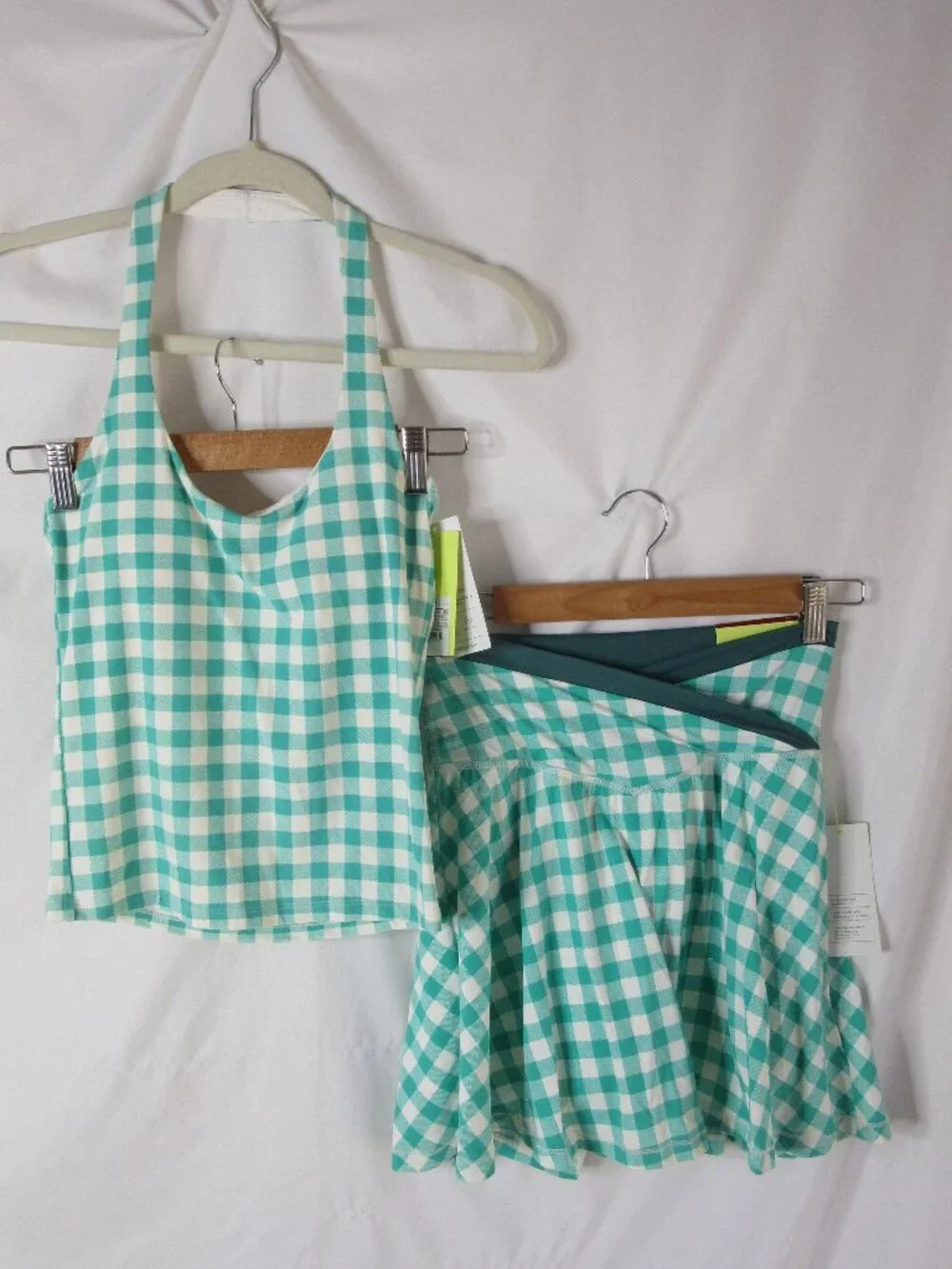 All in Motion 2 Piece Active Set Skort Halter Green White Gingham Size XS NWT